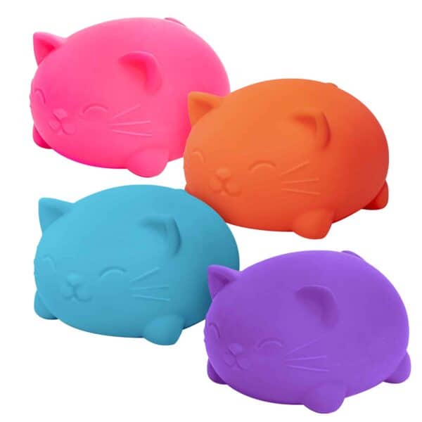Colorful cat-themed stress balls in four vibrant colors.