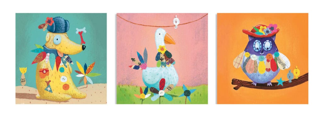 Illustrations of colorful animal characters with accessories.