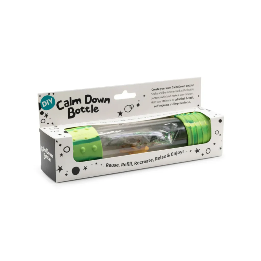 DIY Calm Down Bottle packaging with green accents.