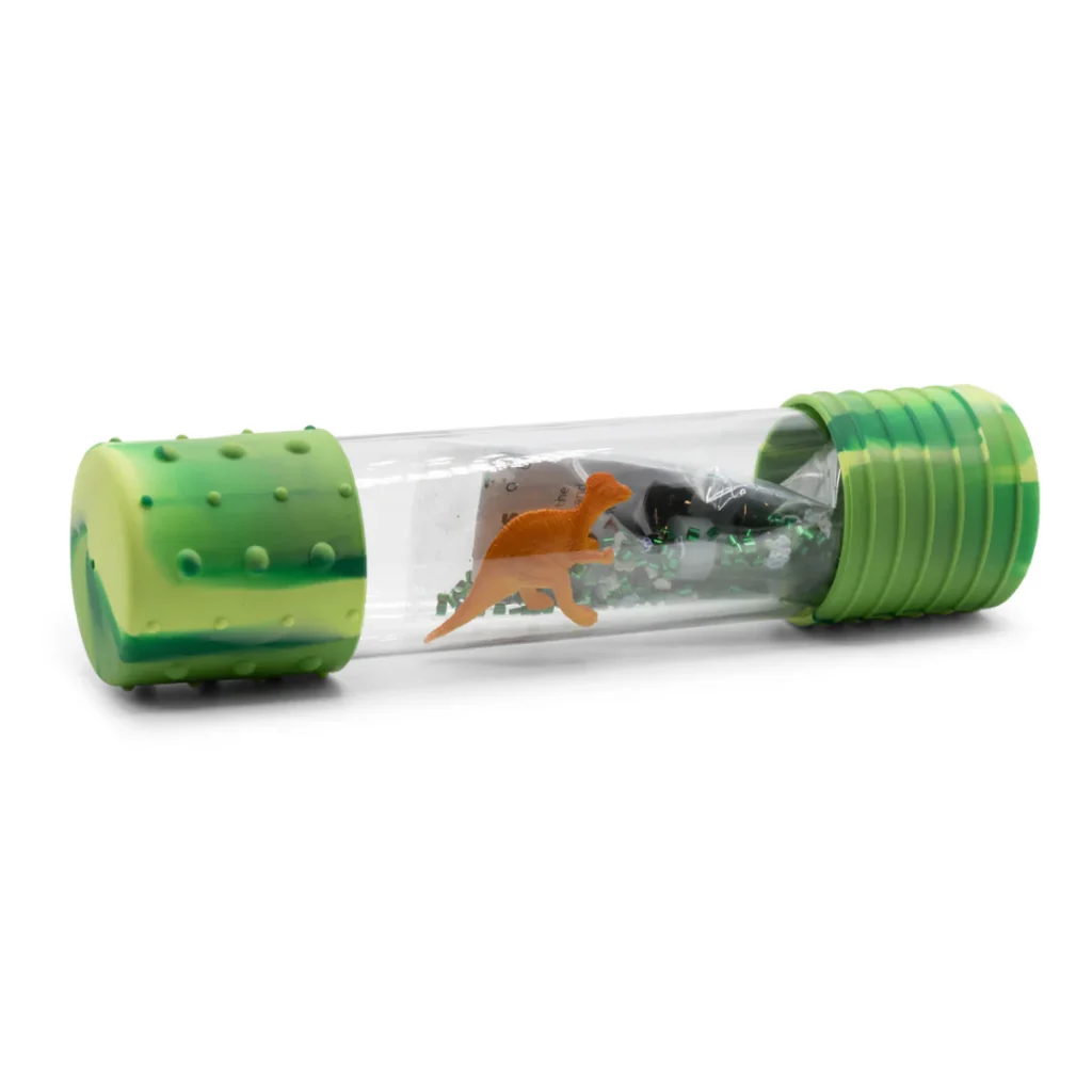 Toy dinosaur in clear sensory tube with green ends.
