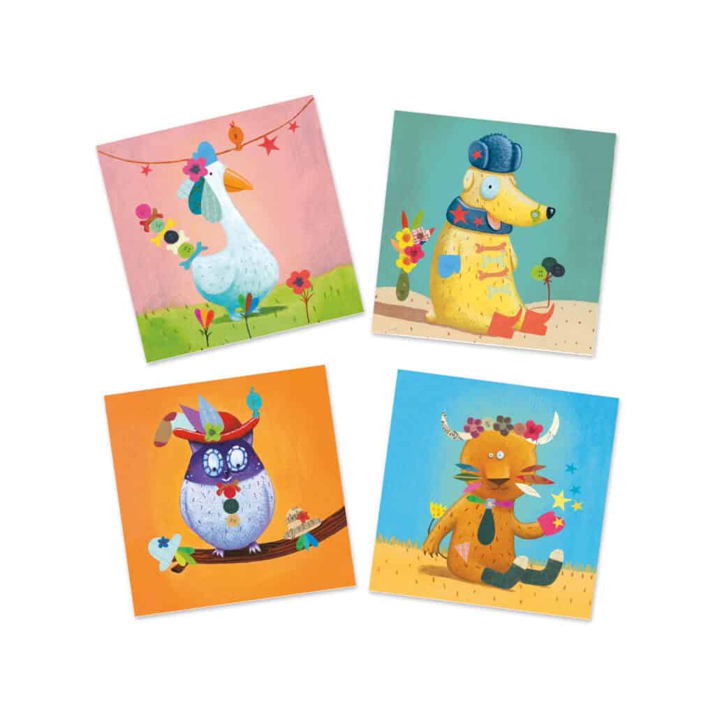 Colorful illustrated animals with whimsical decorations