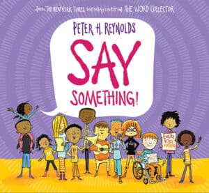 Illustrated diverse children holding messages about speaking up.