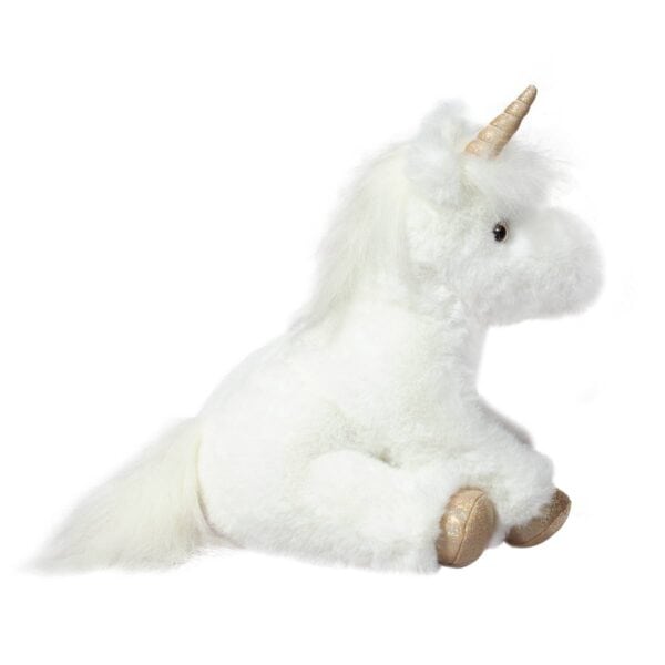 Cute white plush unicorn toy with golden horn.