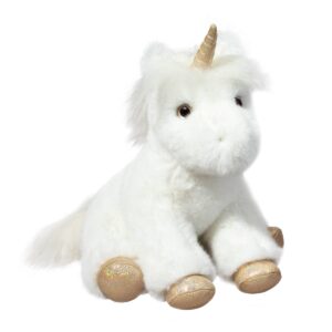 Plush white unicorn toy with golden hooves.