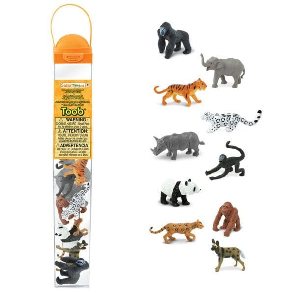 Animal figurines in clear plastic tube.