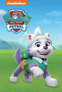 Animated dog with winter gear, Paw Patrol logo.