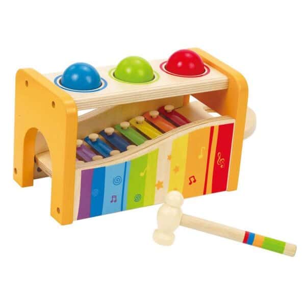 Wooden xylophone toy with colorful balls and hammer.