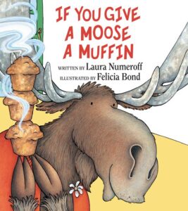 Moose eating muffin on book cover illustration.