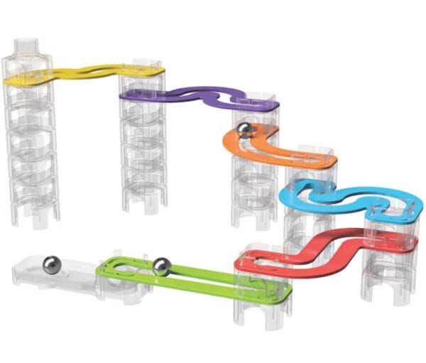 Colorful marble run toy structure with tracks.