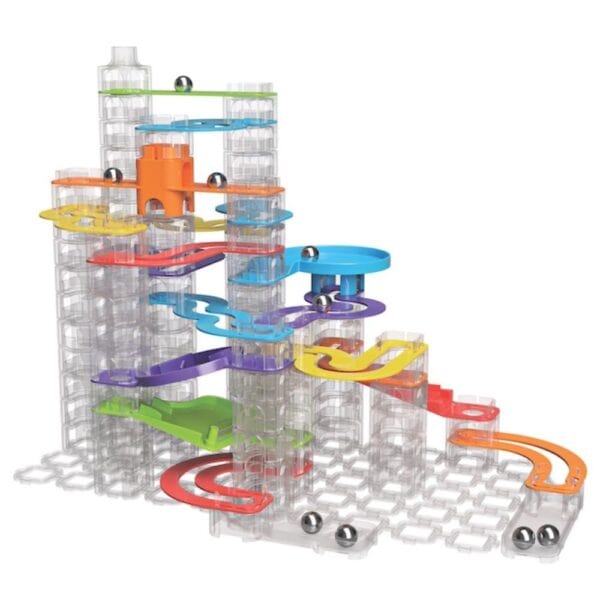Colorful marble run toy with transparent towers.