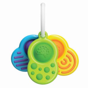 Colorful baby teething toys on ring hanger.