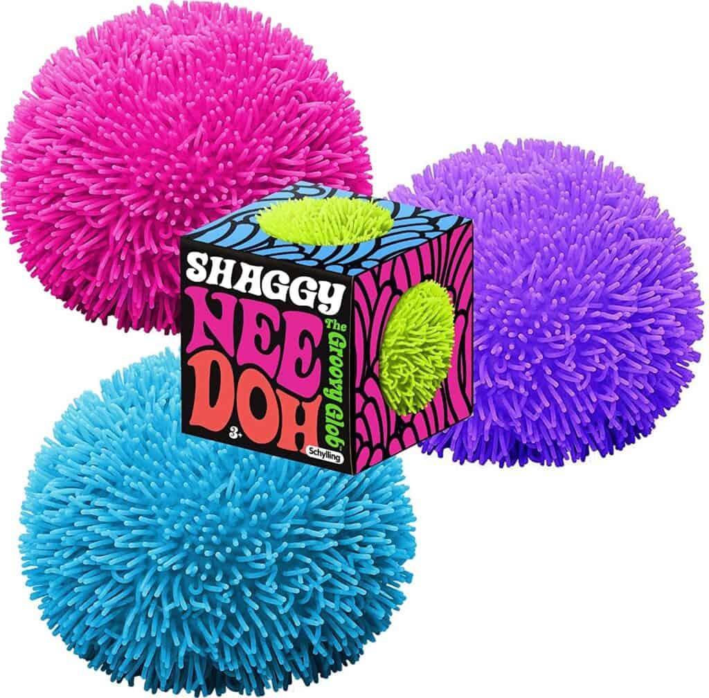 Colorful shaggy stress balls with packaging.