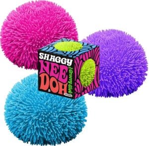 Colorful shaggy stress balls with packaging.