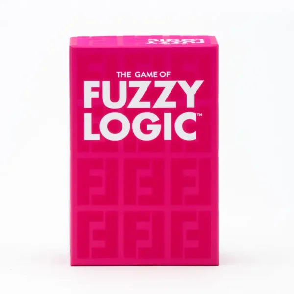 Fuzzy Logic board game packaging, pink background.