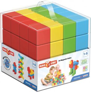 Colorful magnetic building blocks toy set in box.