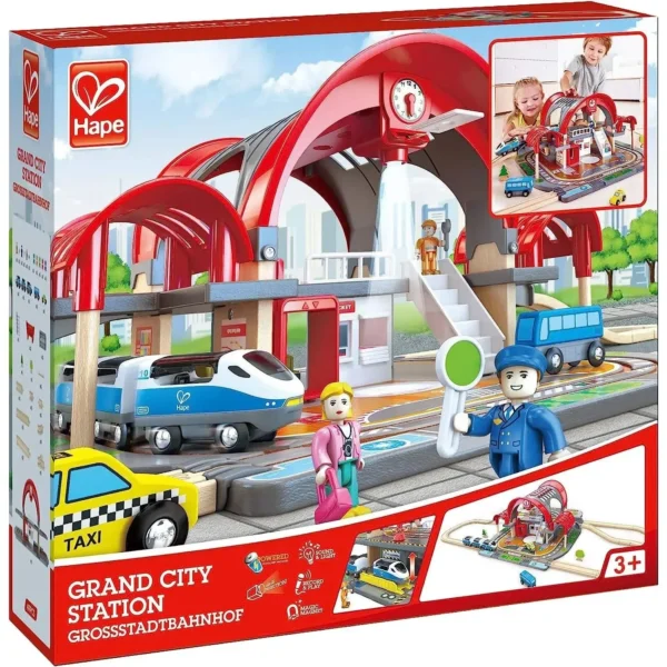Hape Grand City Station toy set with train and taxi.