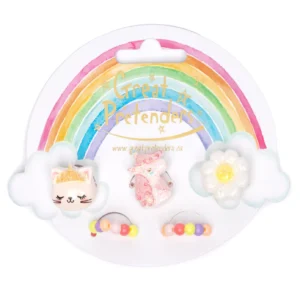 Colorful kids' clip-on earrings, rainbow packaging.