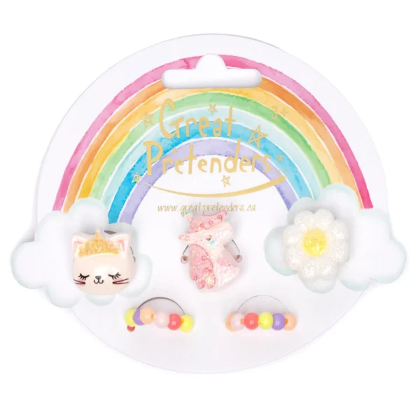 Colorful kids' clip-on earrings, rainbow packaging.