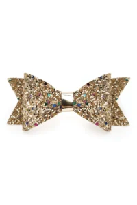 Gold glittery bow tie with colorful specks.