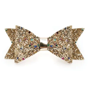 Gold glittery bow tie with colorful specks.
