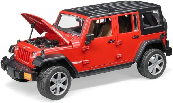 Red toy Jeep SUV with open hood