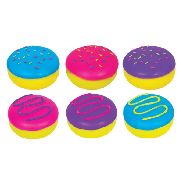 Colorful squishy donut toys with sprinkles and swirls.