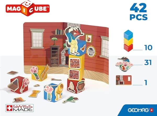 Magnetic building blocks set with farm animal theme.