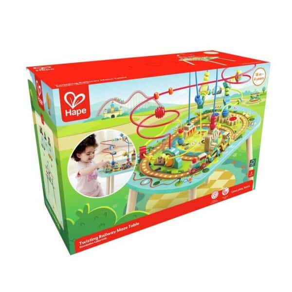 Hape twisting railway maze table toy packaging