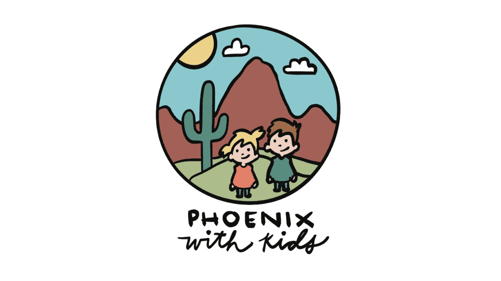 Cartoon kids with mountain and cactus illustration.