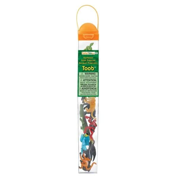 Plastic rainforest animal figurines in a tube container.
