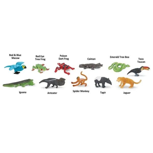 Tropical animal toy figurines including macaw, jaguar.