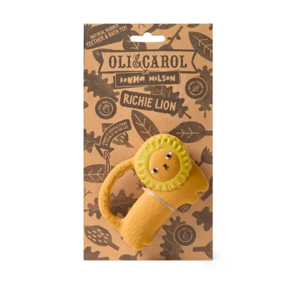 Lion-shaped teether and bath toy in packaging.