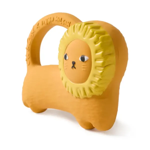 Orange lion-shaped baby teether with handle.