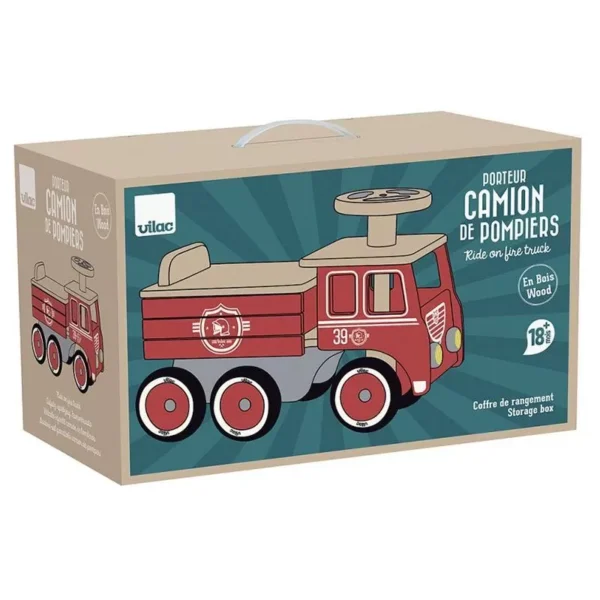 Wooden fire truck ride-on toy packaging.