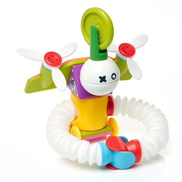 Colorful wind-up toy with propellers and flexible arms.