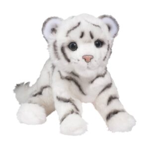 Plush white tiger toy with black stripes.
