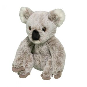 Plush koala toy sitting upright on white background.