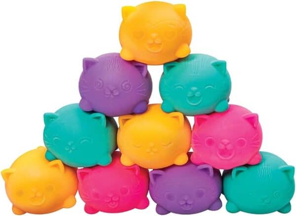 Colorful pyramid of squishy cat toys.