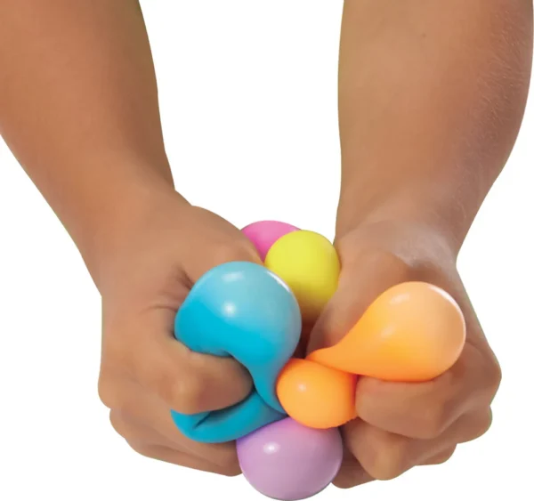 Hands squeezing colorful stress balls.