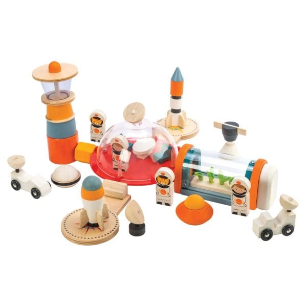 Wooden space-themed toy set with astronauts and rockets.