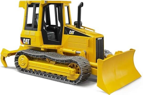Yellow toy bulldozer with Caterpillar logo