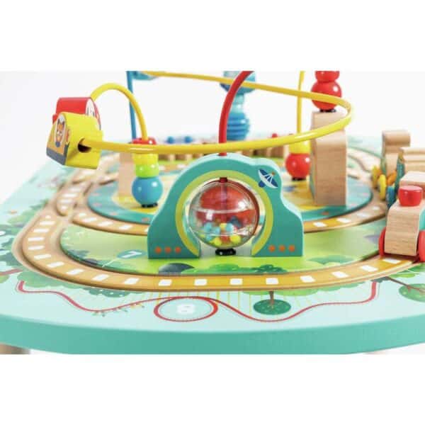Colorful wooden toy track with beads and arches.