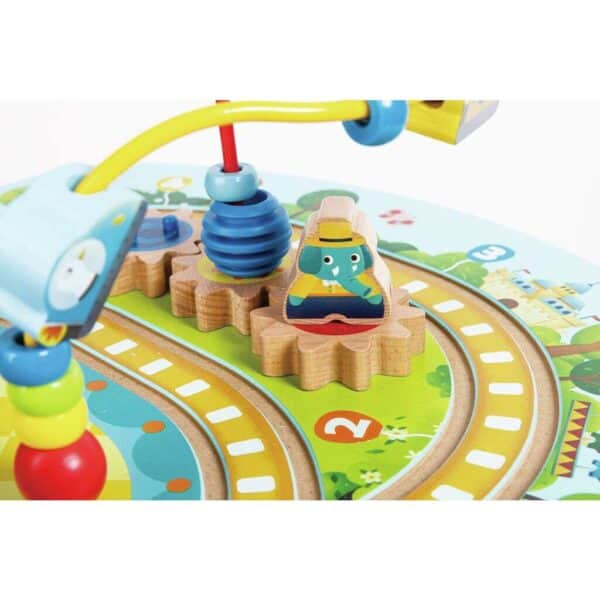 Colorful wooden train toy with play elements.