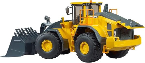 Yellow construction toy loader with large wheels.