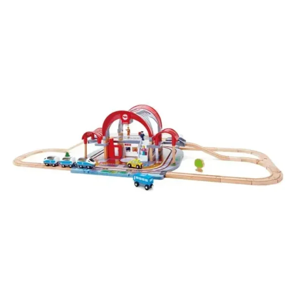 Wooden toy train set with cars and tracks.