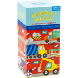 Memory match game box with vehicles illustration.