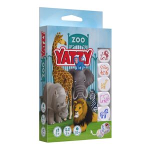 Zoo-themed Yatzy dice game packaging with animal illustrations.