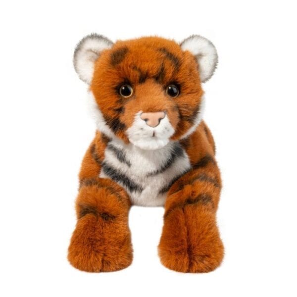 Cute stuffed tiger toy on white background.
