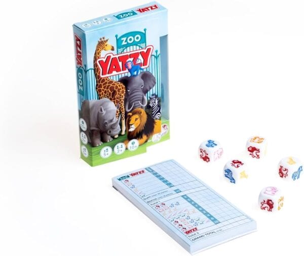 Zoo Yahtzee game box with dice and notepad.
