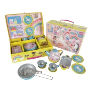 Colorful toy tea set with unicorn designs.
